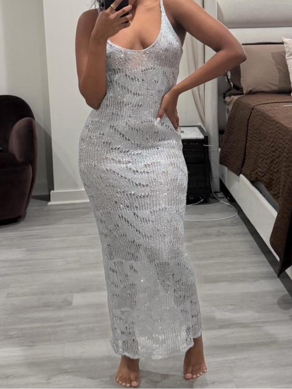 Sheer Silver Metallic Sequin embellished Knit Maxi Dress